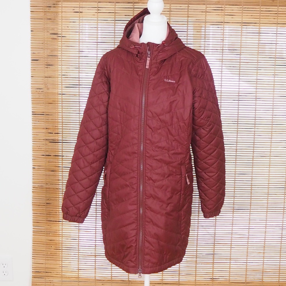L.L. Bean Women's Fleece Lined Prima Loft Longline Quilted Coat- Large Burgandy
